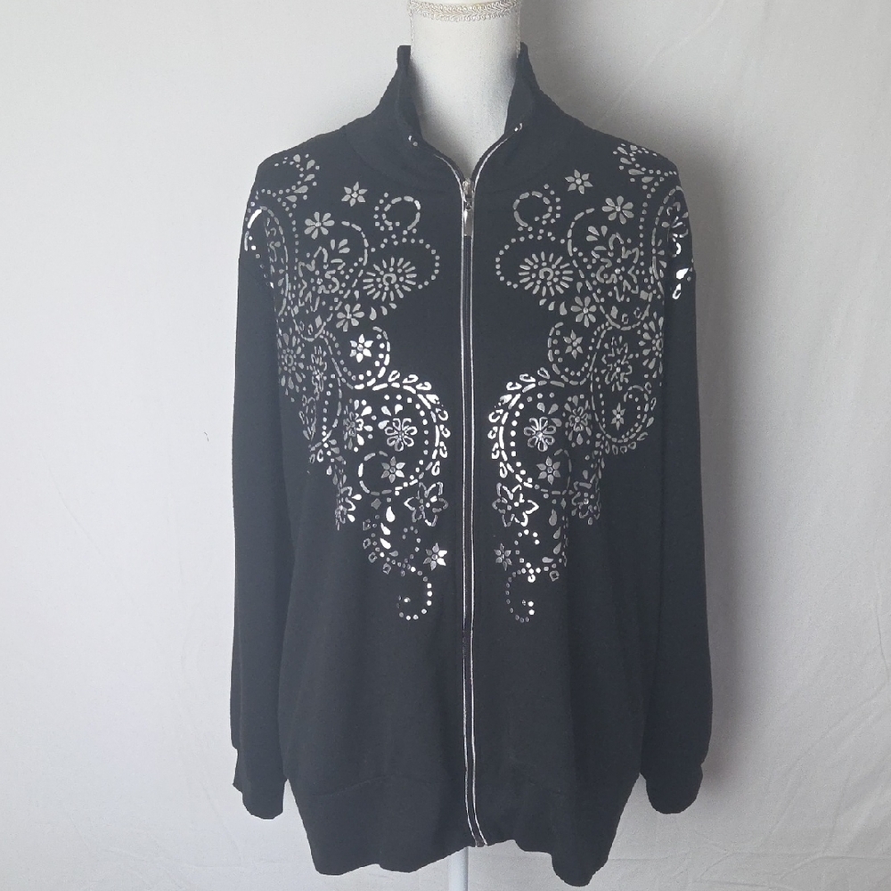 Susan Graver Style Black Zip-Up Jacket with Silver Floral Design Women's Size 2X